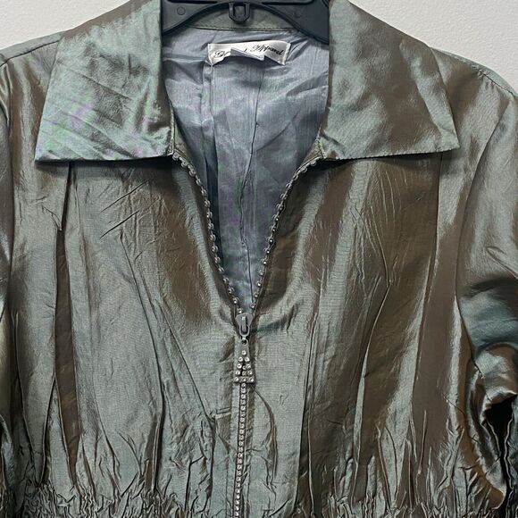 General Apparel Sz Large Green Bling Zip Jacket Top Crinkle Texture Evening - Picture 5 of 9